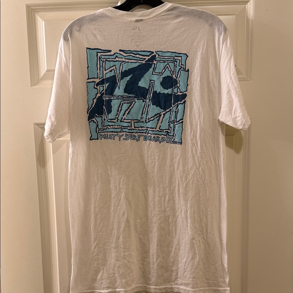 Rusty Surf Boards White Short-Sleeve Graphic Tee with Blue Print